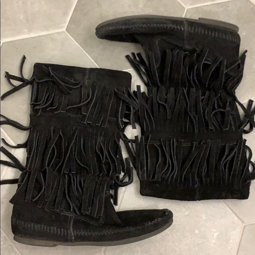 Black Suede 3-tiered fringe moccasin boots